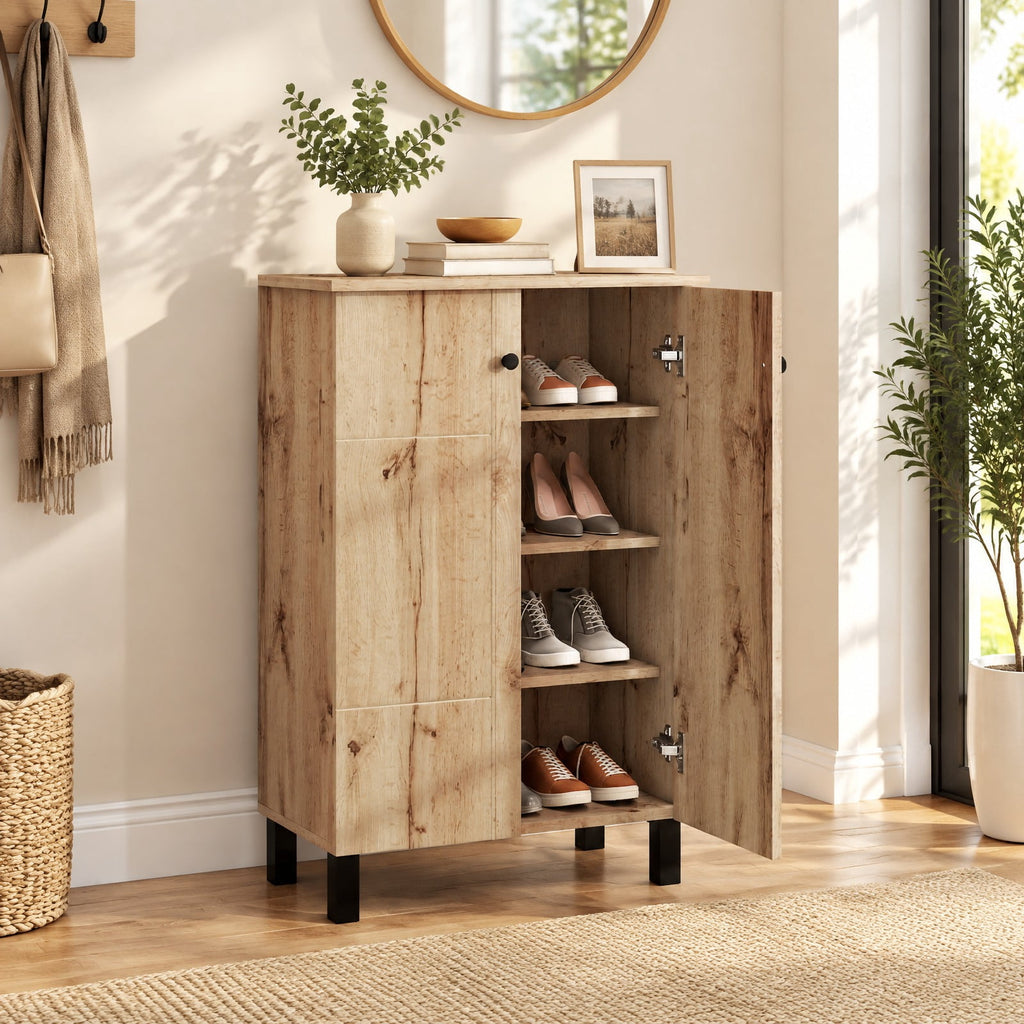 Airfind 4-Tier Shoe Organizer with Removable Shelves and 2 Doors, 88 lbs Capacity, MDF Engineered Wood Frame, 24 Inch x 13.5 Inch x 36 Inch Footprint, Natural