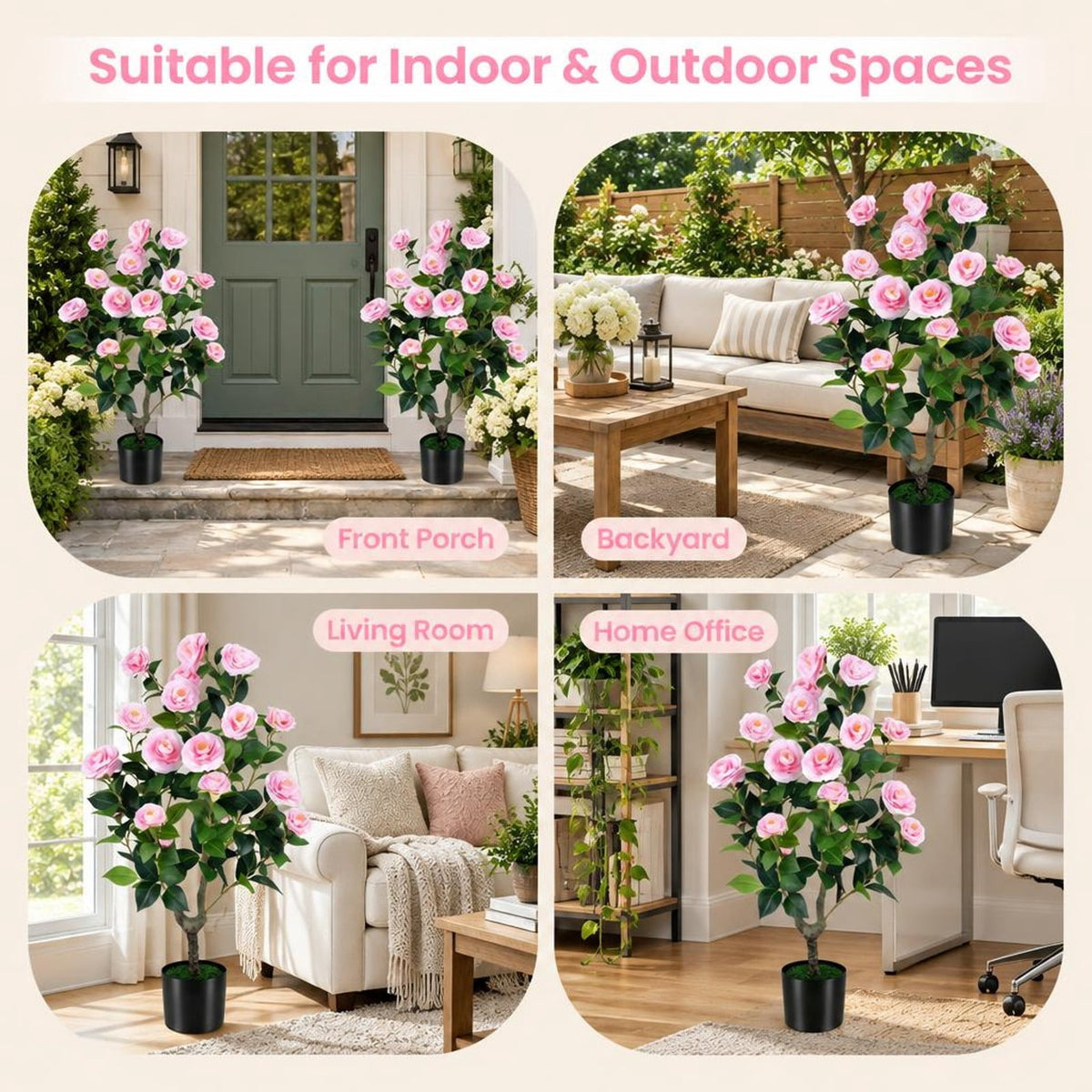 Airfind Artificial Camellia Tree Faux Flower Plant in Cement-Filled Pot, PE PP Cement Overall Height 35.5 Flower Pot Height 5 Flower Pot Frame