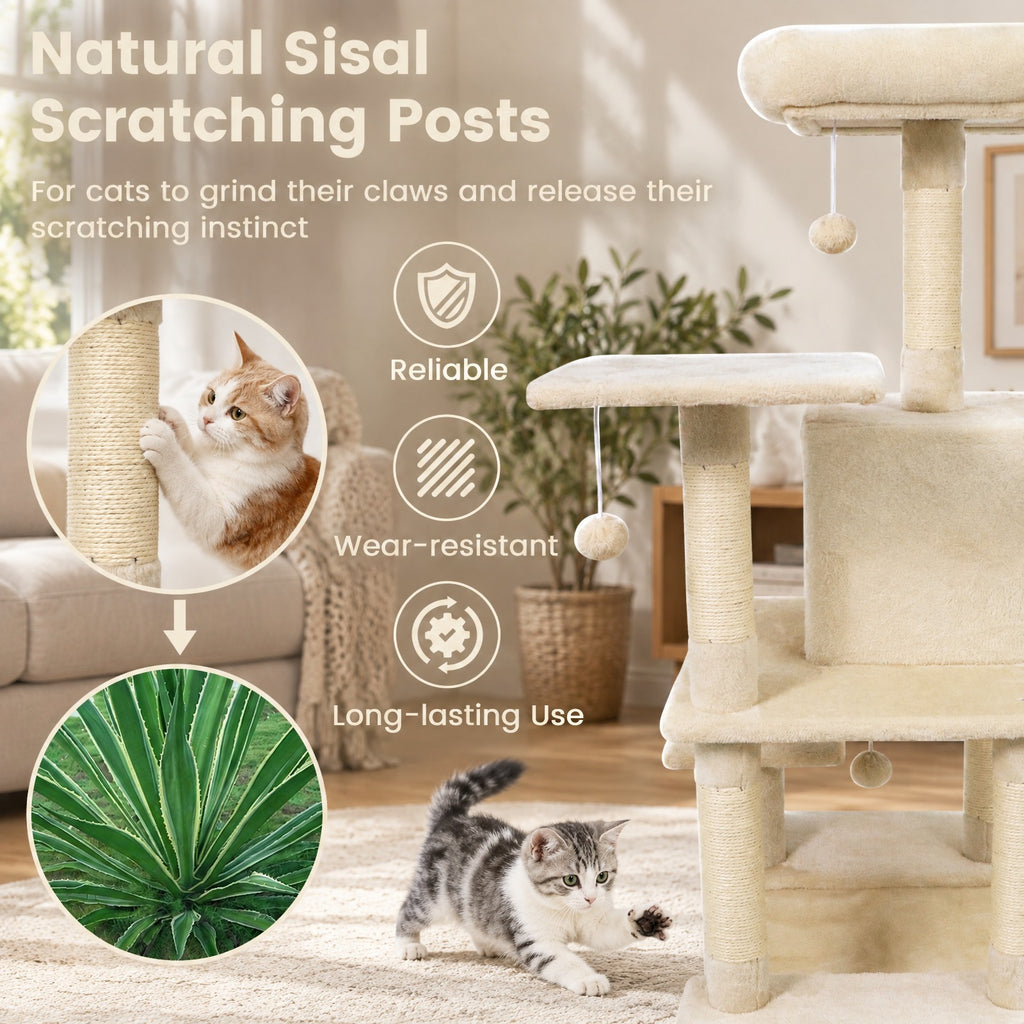 Airfind 58 Multi-Level Cat Tree Soft Plush Cat Tower with Padded Top Perch, PP Cotton Fabric Sisal Engineered Wood Overall Height 58 Base Frame