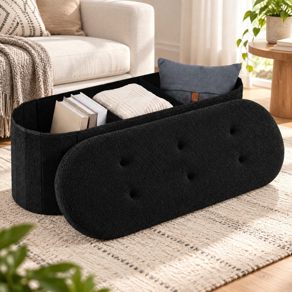 Airfind 43 Folding Teddy Storage Ottoman Bench with Dividers for Living Room and Bedroom, 43 x 15 x 16Inner Footprint, Black