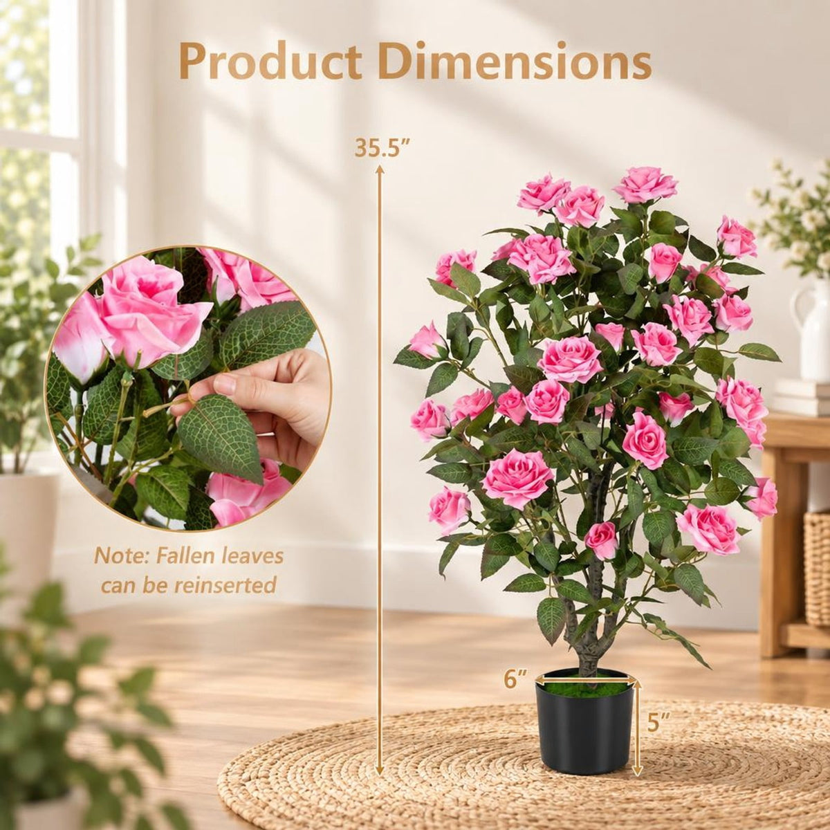 Airfind Artificial Rose Tree, 35.5 Inch, with Blooming Flowers and Leaves for Indoor, Silk Fabric Rubberized Fabric PE PP Tree Height 35.5 Inch Frame, Pink
