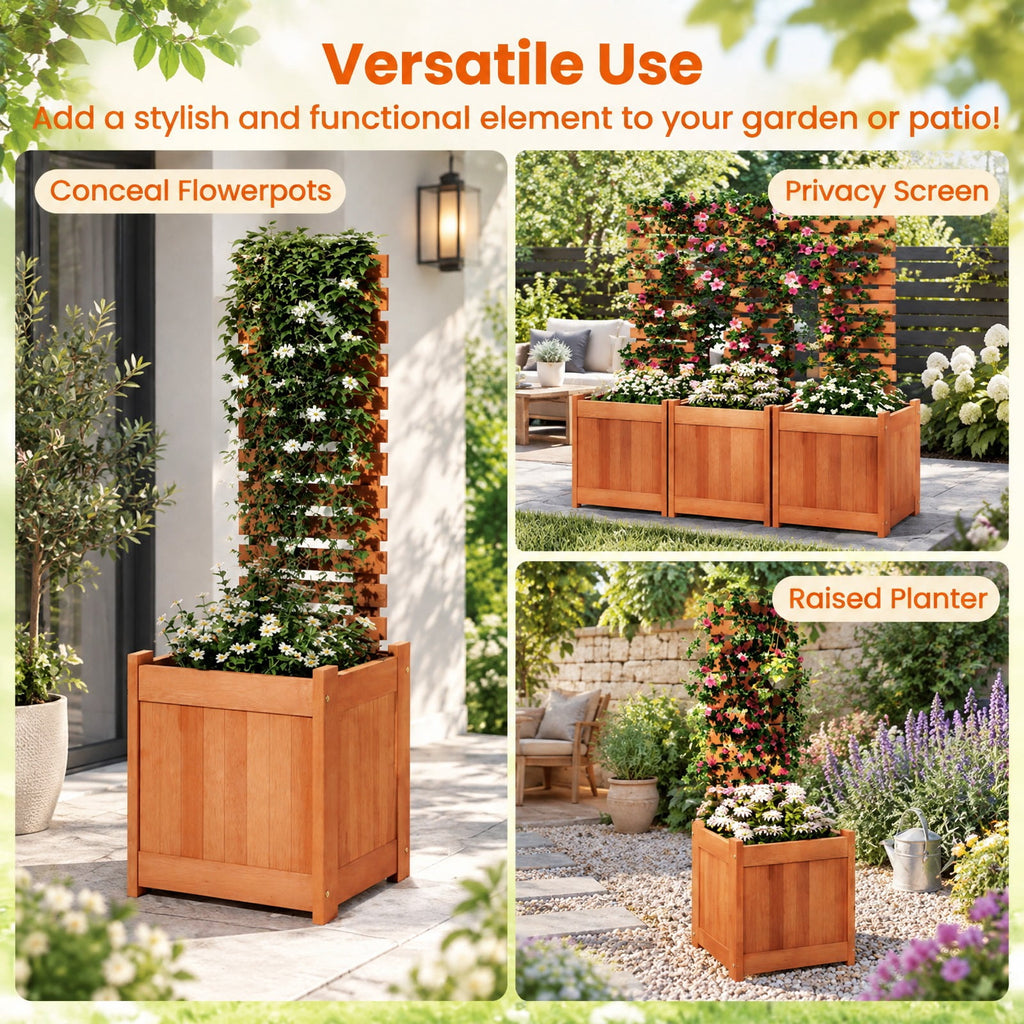 Airfind Outdoor Wooden Raised Garden Bed with Trellis, Solid Wood Frame, 16 x 16 x 48 Planter Footprint, Natural