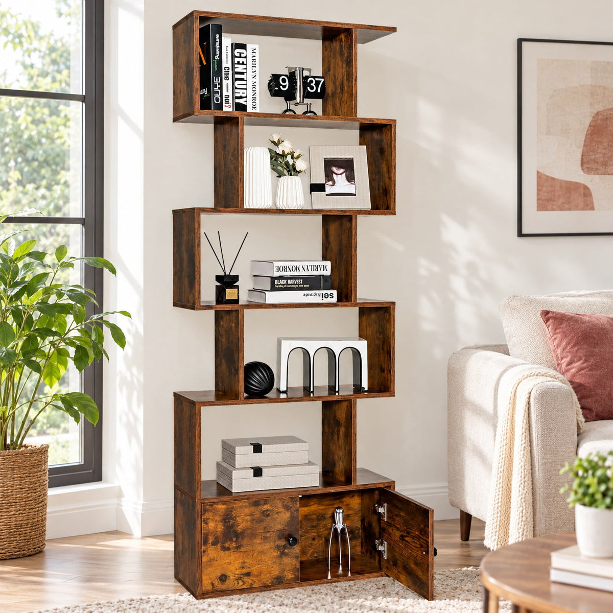 Airfind 6-Tier S-Shaped Freestanding Bookshelf with Cabinet and Doors, Engineered Wood with Engineered Wood and MDF Construction, Coffee