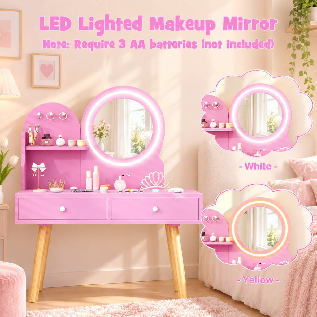 Airfind Kids Princess Makeup Dressing Desk and Chair Set with Mirror and Lights, 110 lbs Capacity, MDF Frame, for 3+ years old, Pink