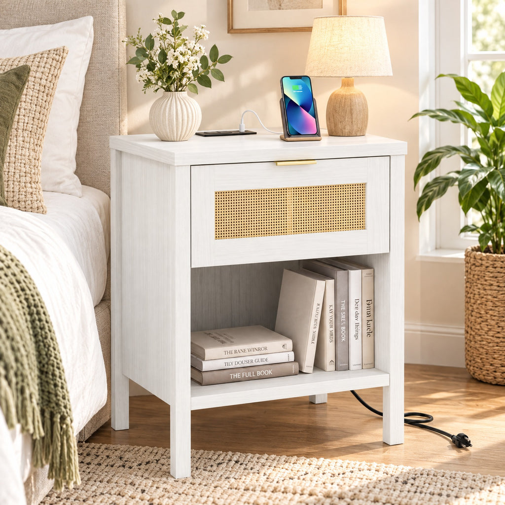 Airfind Rattan Nightstand with Charging Station and Storage Shelf for Bedroom, 88 lbs Capacity, Engineered Wood PVC Rattan Metal Frame, White