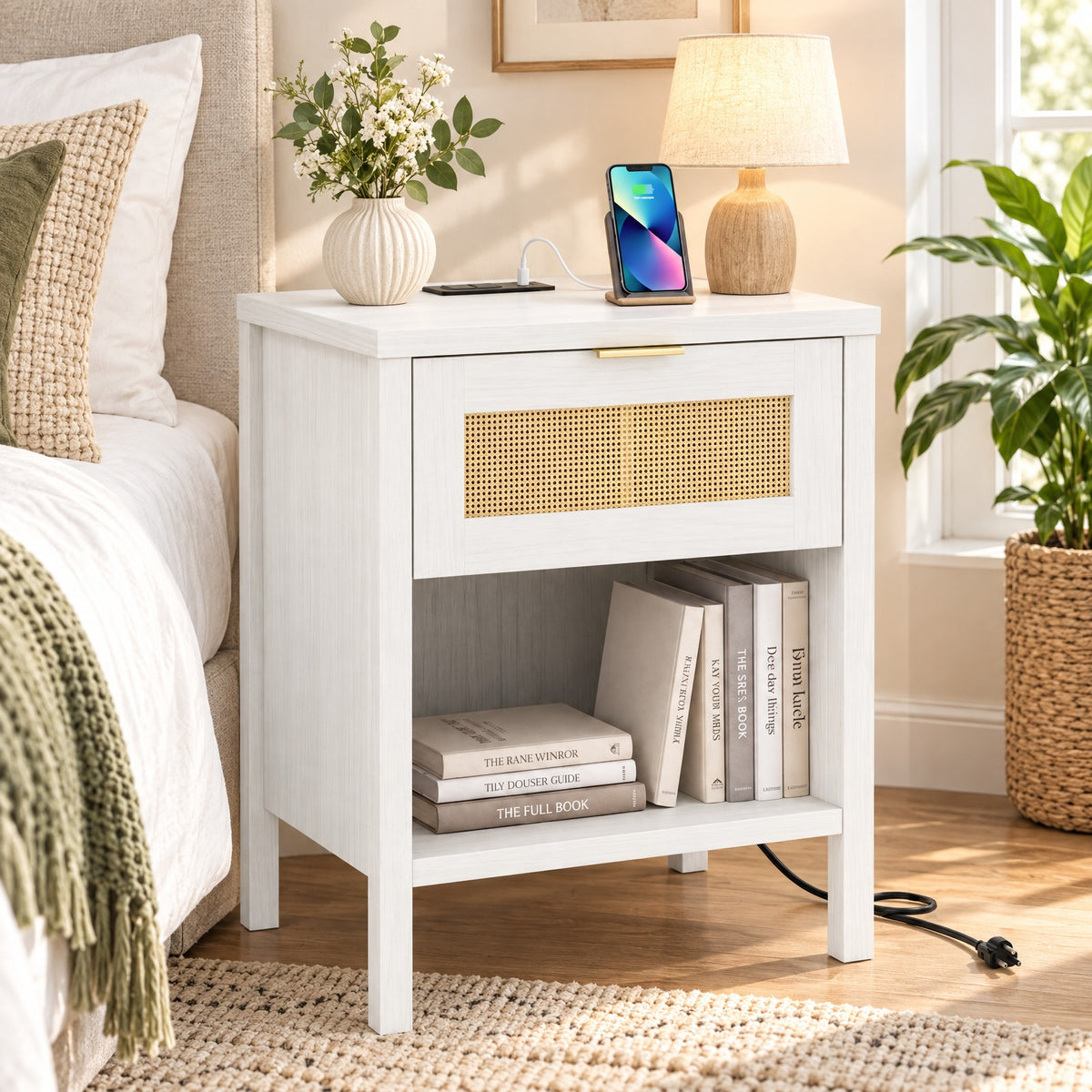 Airfind Rattan Nightstand with Charging Station and Storage Shelf for Bedroom, 88 lbs Capacity, Engineered Wood PVC Rattan Metal Frame, White