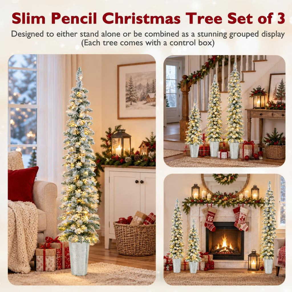Airfind Set of 3 Pre-Lit Snow Flocked Artificial Christmas Trees witrh 423 Branch Tips, PVC Tree Height 3 ft Tree Width 10in Frame