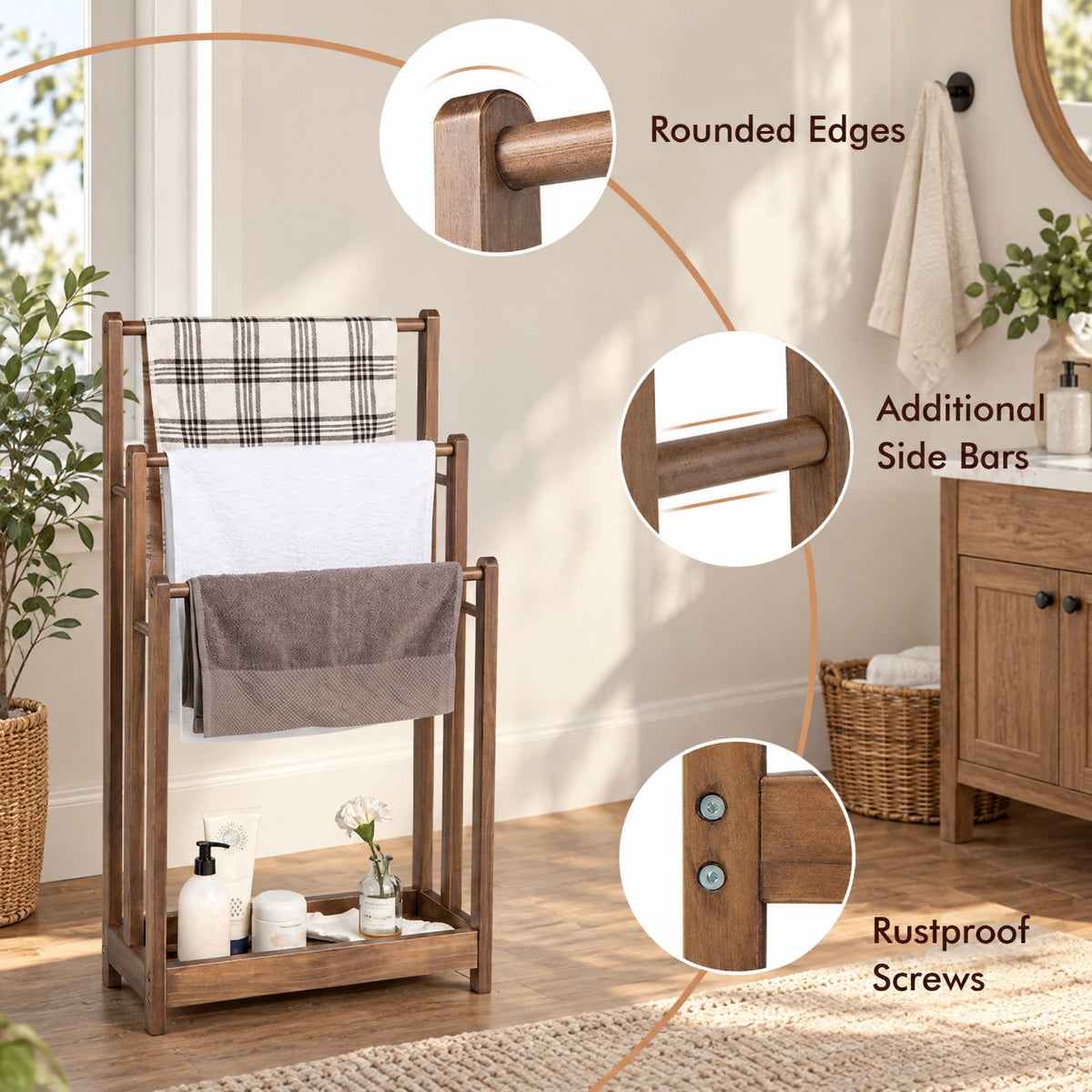AIRFIND Towel Rack with Three Hanging Bars and Lower Storage Shelf, Freestanding Fir Wood Bathroom Organizer, 18 x 9 x 34 in, Rustic Brown