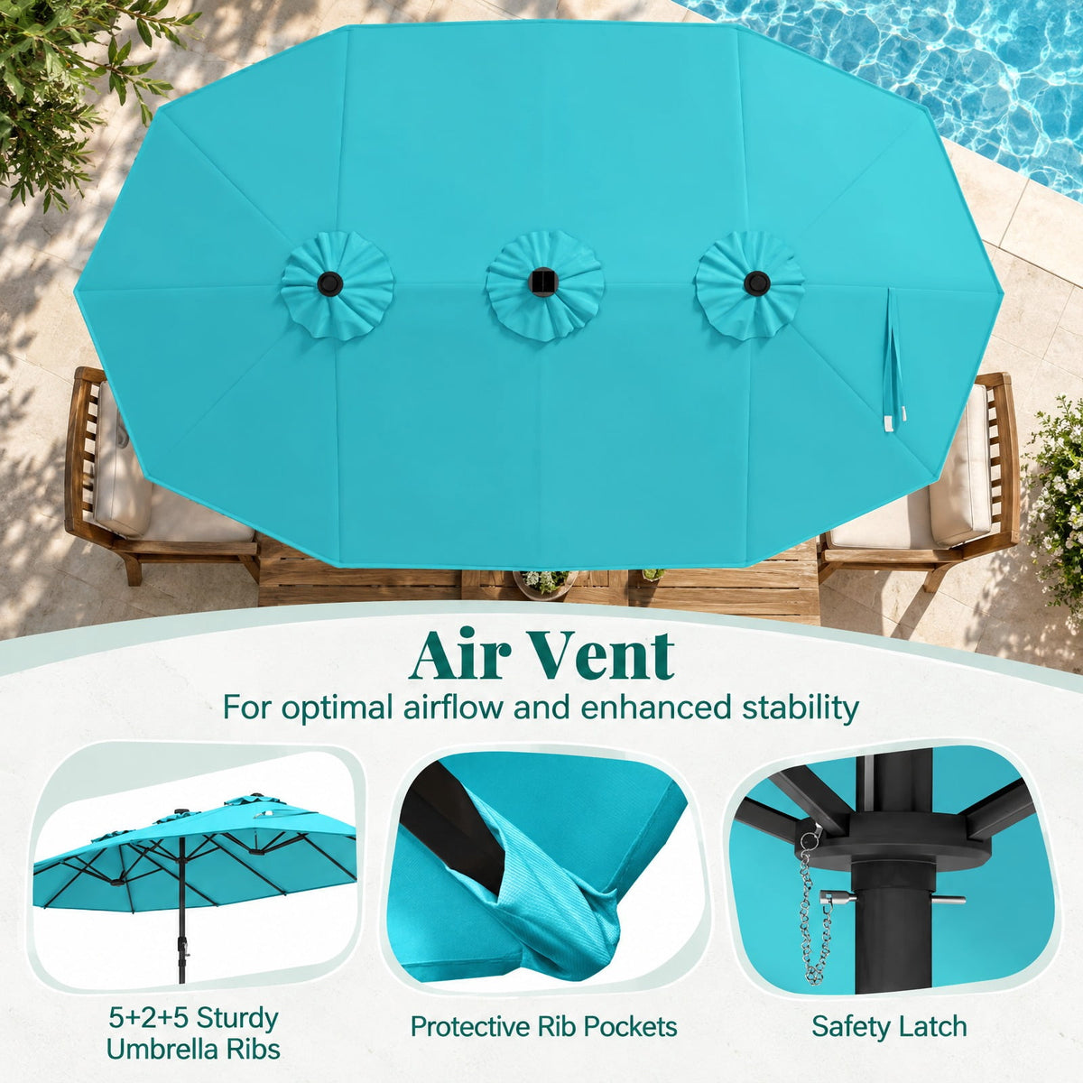 Airfind 15 Feet Double, Sided Patio Umbrella with 48 LED Lights, Turquoise, 48 LED lights are powered by a top solar panel, for Indoor and Outdoor Use