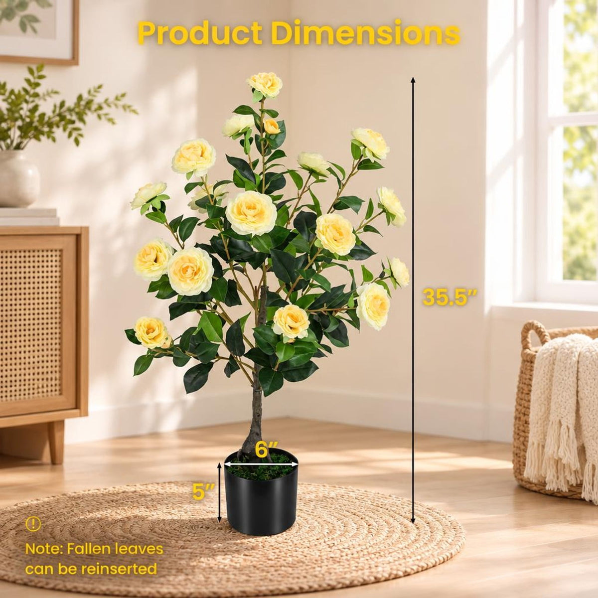 Airfind 2-Pack Artificial Camellia Tree Faux Flower Plant in Cement-Filled Pot, Yellow, offers excellent stability and balance