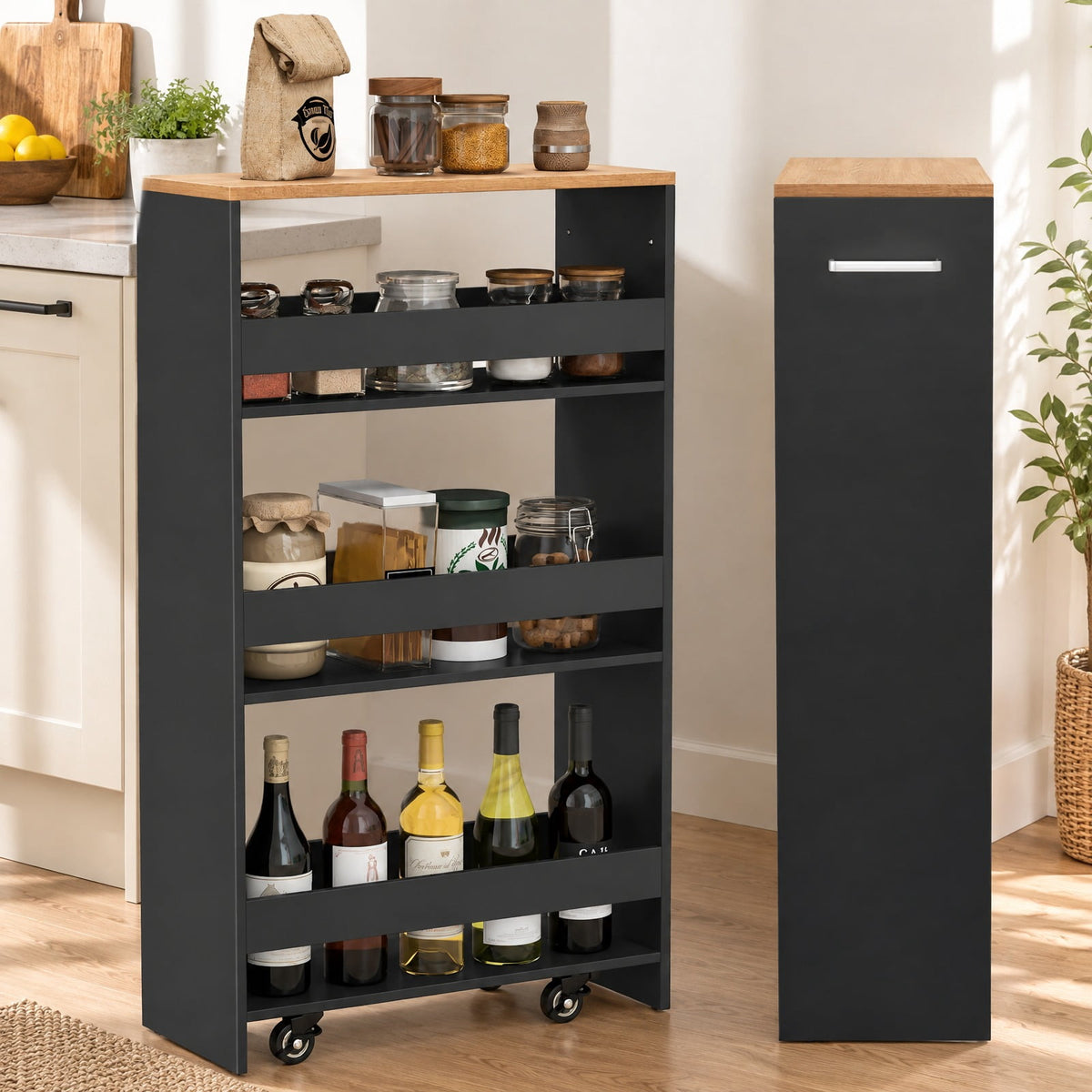Airfind 4-Tier Rolling Storage Cart Slim Kitchen Cart on Wheels with Open Shelves and Handle, 15 lbs Capacity, Engineered Wood Metal Frame, Black