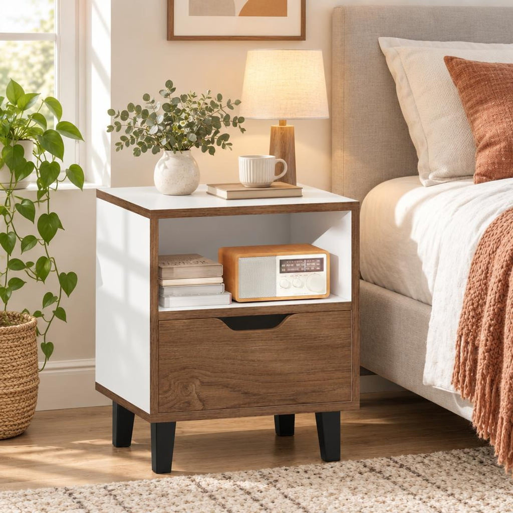 Airfind Nightstand with Drawer and Open Storage Shelf for Bedroom, 110 lbs Capacity, Engineered Wood MDF Metal Frame, 14.5in x 13in x 17.5in Footprint