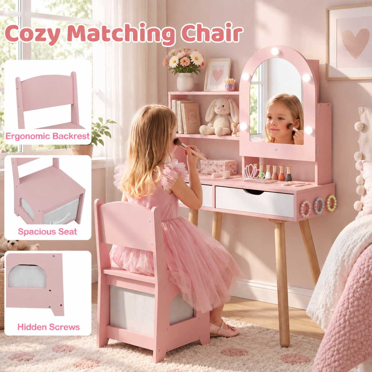 Airfind Kids Vanity Set Pretend Play Dressing Table Set with 3-Color Lighting Modes and Mirror Cabinet, 44 lbs Capacity, MDF Frame, Pink