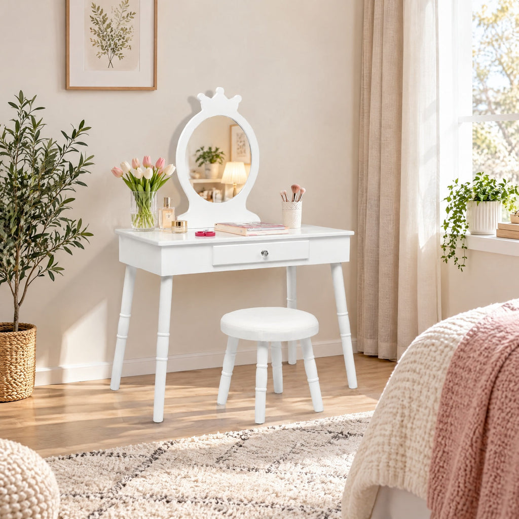Airfind Kids Vanity Makeup Table and Chair Set Make Up Stool, 33 lbs Capacity, MDF pine wood Frame, 27.5 Inch x 13.5 Inch x 40 Inch Footprint, White