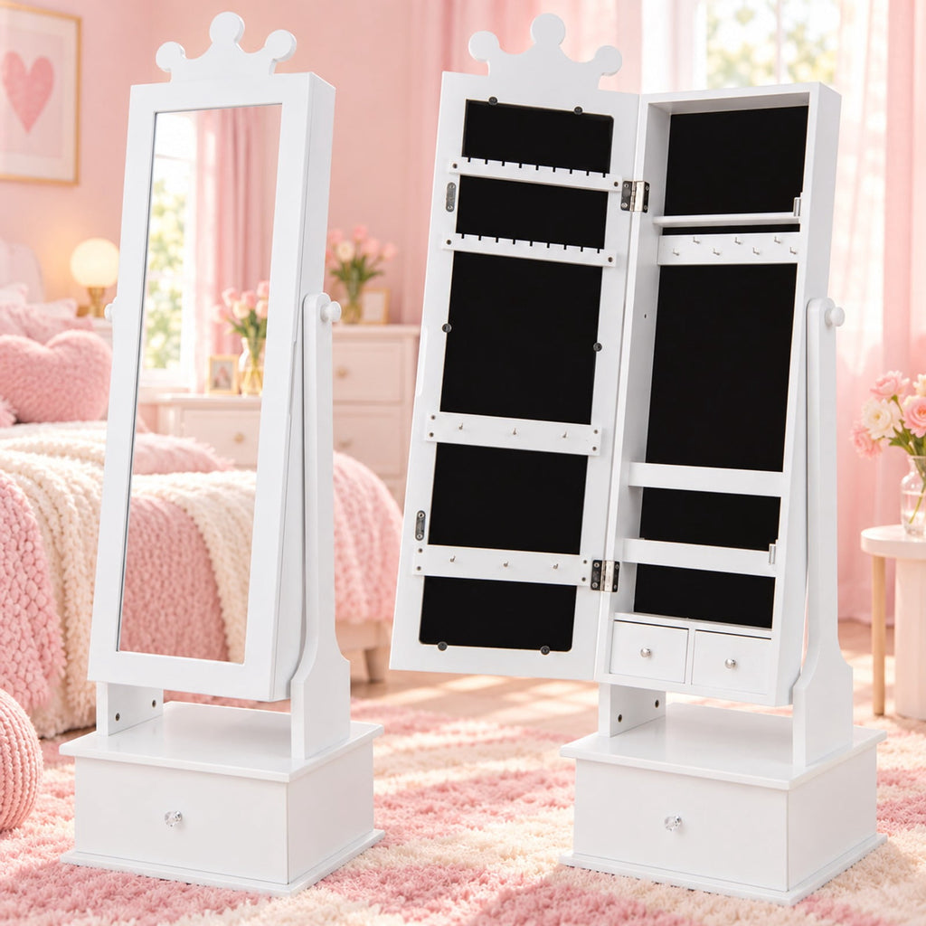Airfind 2-in-1 Kids Play Jewelry Armoire with Full Length Mirror and Drawers, MDF Glass Frame, for 3+ Years Old, 13.5 x 12 x 40.5/44.5 Footprint
