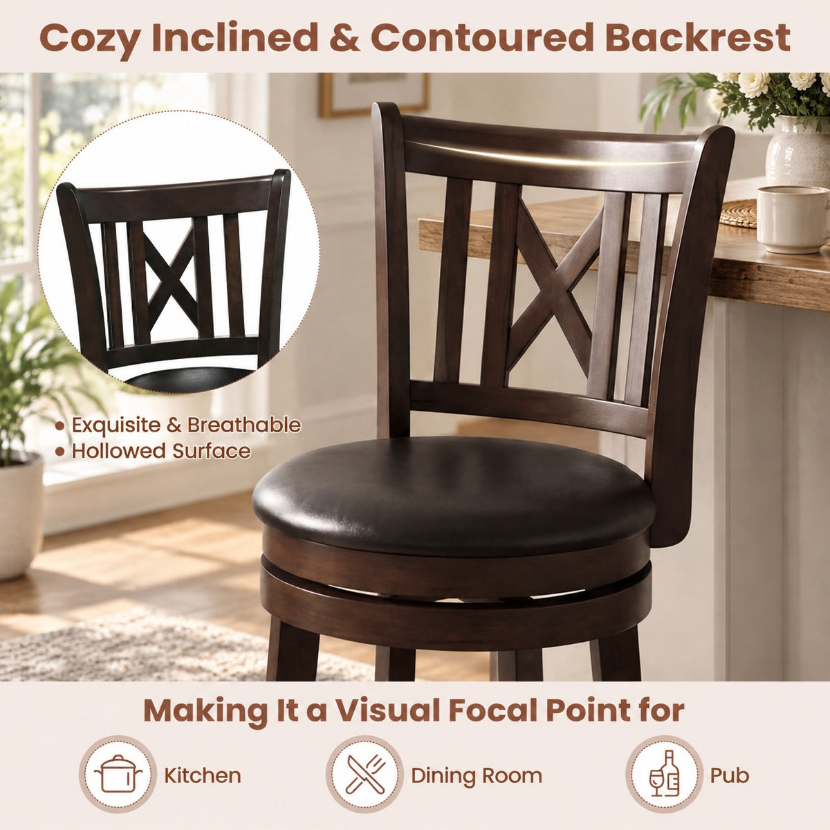 Airfind Set of 2 Bar Stools Swivel Bar Chairs with Hollowed Backrest and Footrest-26 inches, 275 lbs Capacity, 20 Inch x 18 Inch x 39.5 Inch Footprint