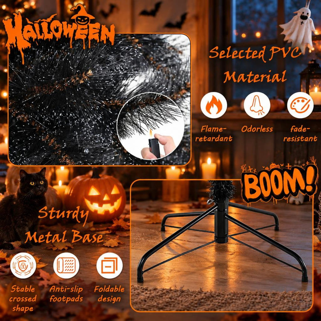 Airfind 6/7/8 Feet Black Artificial Halloween Christmas Tree with PVC Branch Tips and 210/320/450 Cool White LED Lights, Black