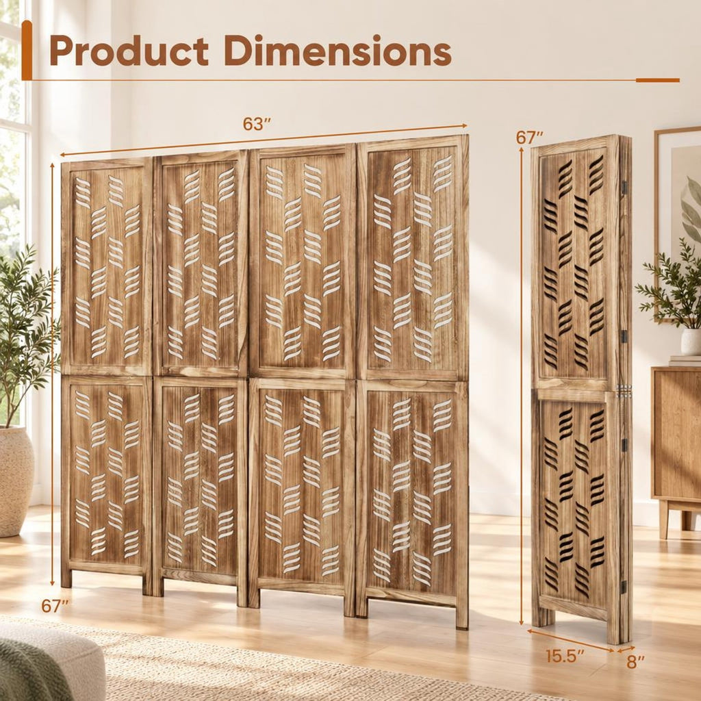Airfind 5.5 FT Tall Room Divider 4 Panels with Wave Cutout Paulownia Frame for Room, Paulownia Wood Metal Frame, 62 x 67 Footprint, Brown
