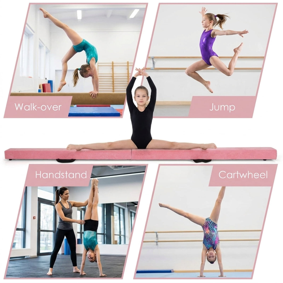 Airfind 7 ft Folding Practice Balance Beam with Suede Cover, Anti-Slip Pads and Pine Wood Frame, Pink