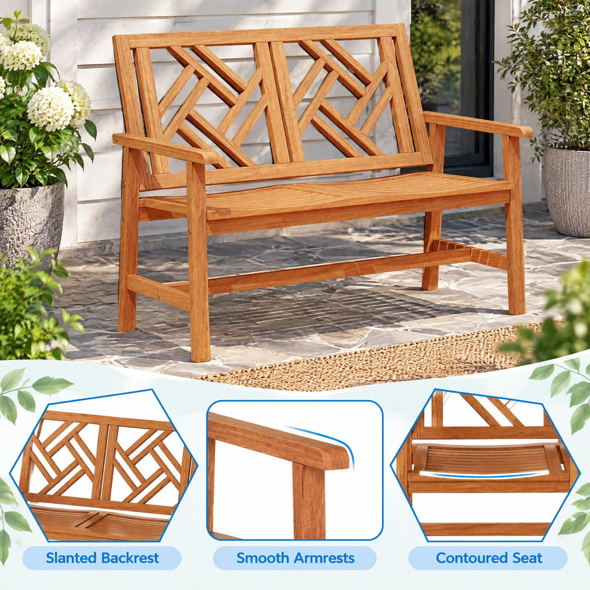 Airfind Outdoor Bench Wood 2, 660 lbs Capacity, Hardwood Frame, 48 × 26 × 36 Footprint, Wood, Geometric patterns infuse an elegant touch