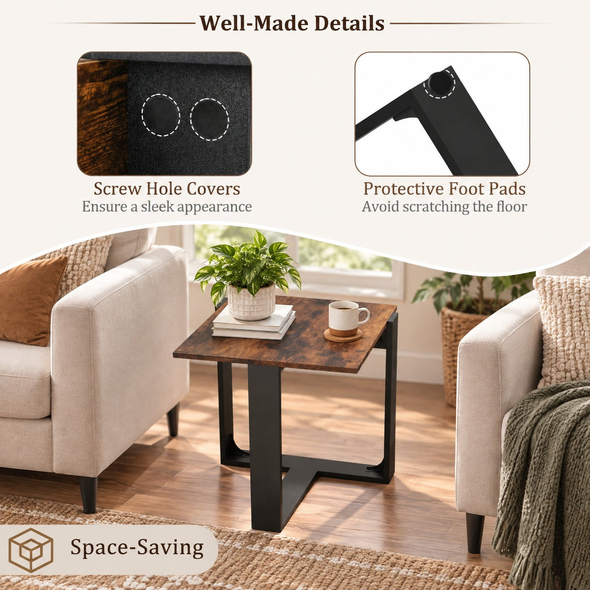 Airfind Industrial Sofa End Table with Metal Frame-2, 110 lbs Capacity, Engineered Wood Metal Frame, 20 x 20 x 20 Footprint, Rustic Brown Black