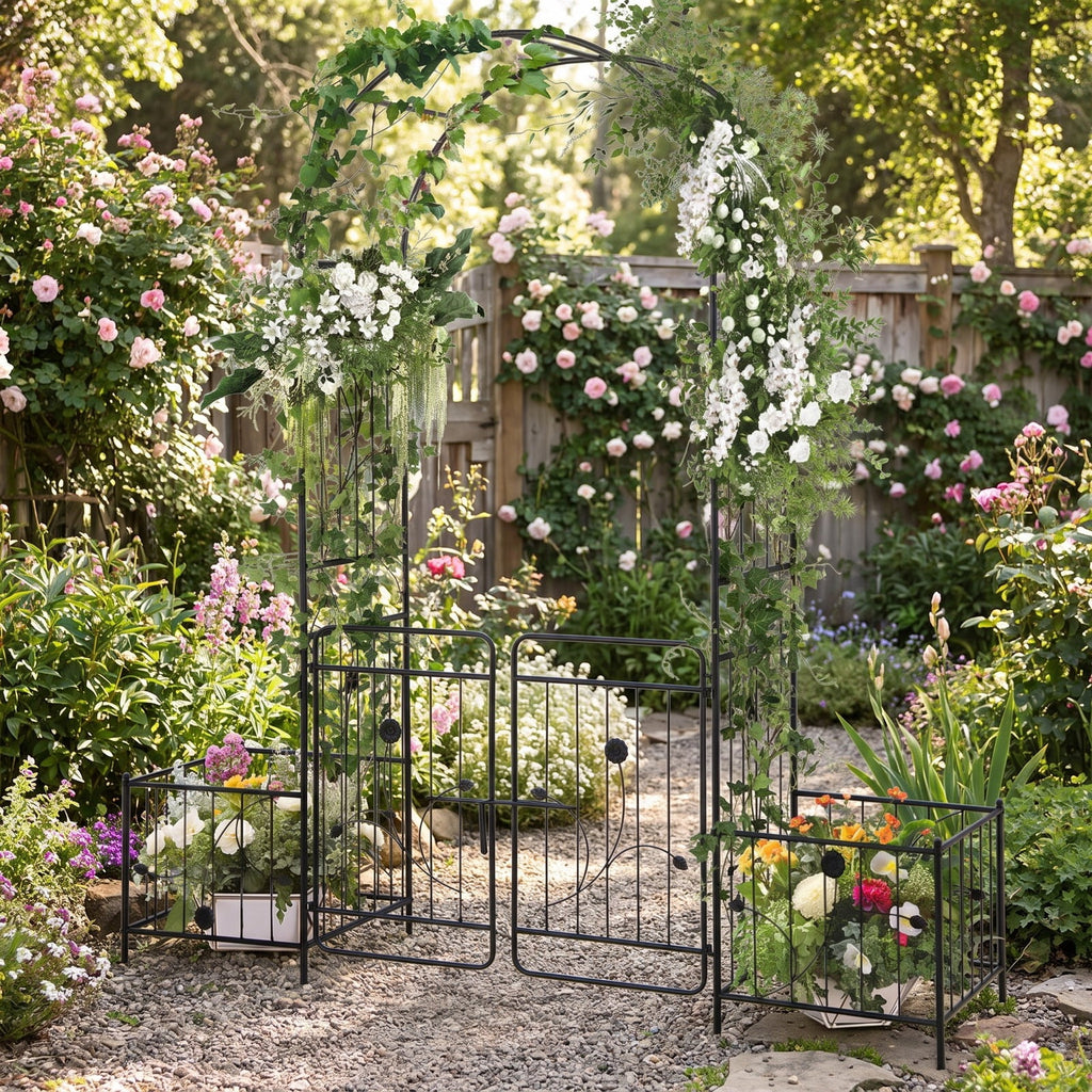 Airfind 87 Inches Garden Arbor with Lockable Gate Side Planters, Metal Frame, 80 x 20 x 87 Footprint, Black