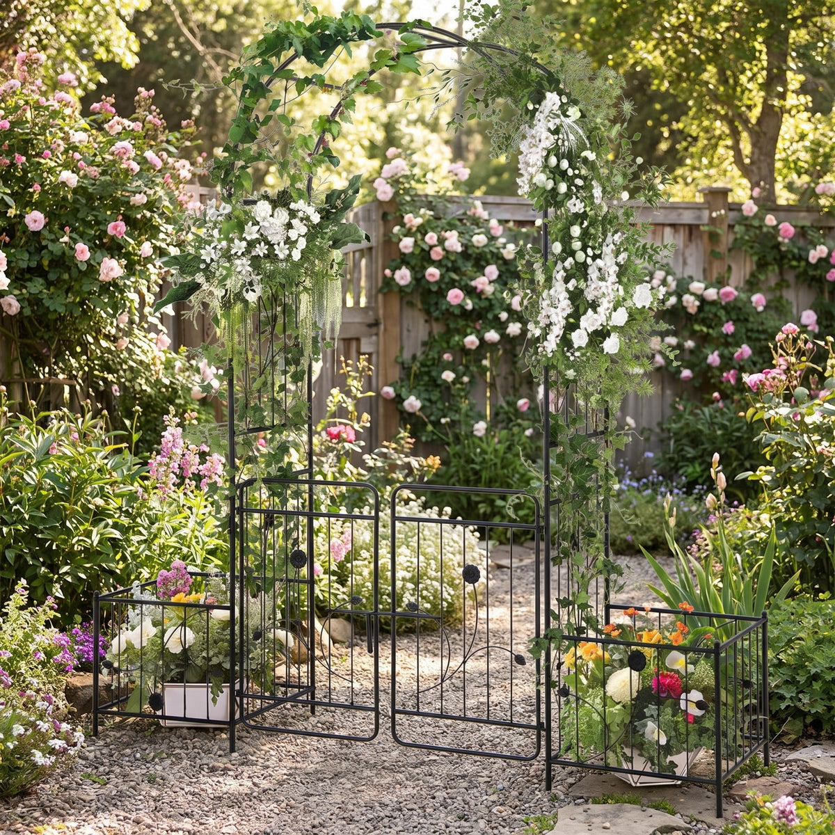 Airfind 87 Inches Garden Arbor with Lockable Gate Side Planters, Metal Frame, 80 x 20 x 87 Footprint, Black