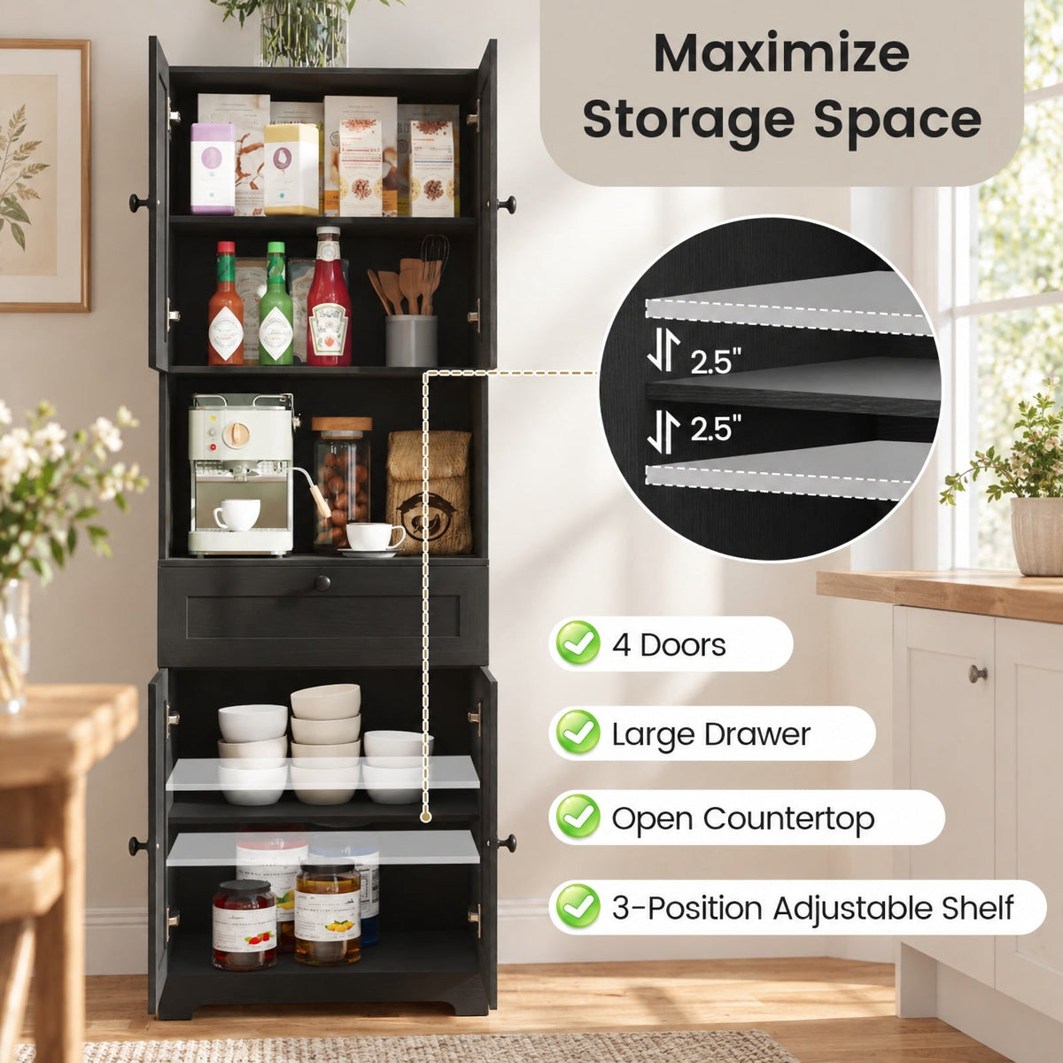 Airfind 67.5 Inch Tall Modern Freestanding Floor Storage Cabinet with 4 Doors and 1 Drawer, 243 lbs Capacity, MDF Engineered Wood Frame, Black