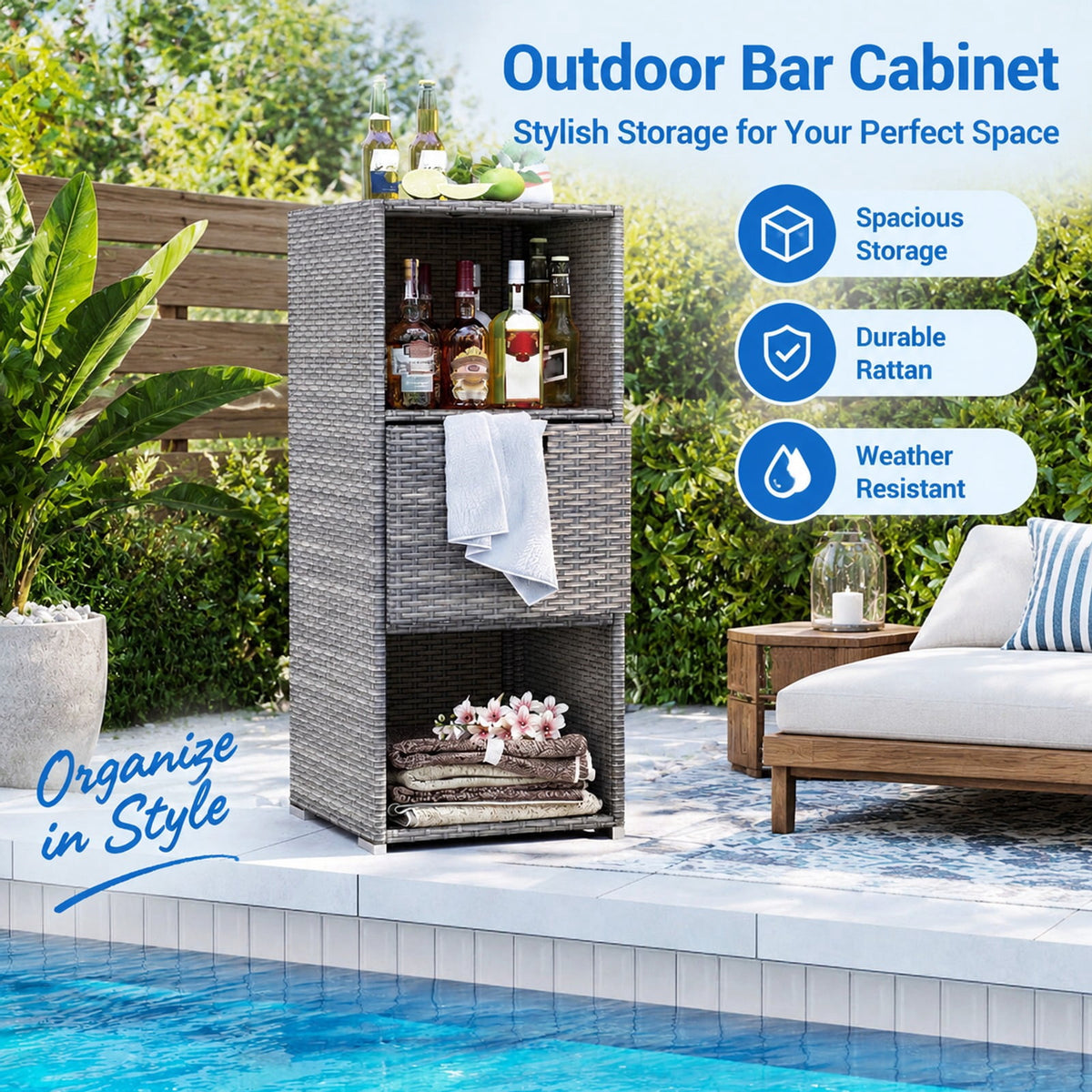 Airfind Outdoor Storage Cabinet Patio Wicker Organizer with Drawer, PE Rattan Metal Frame, 19.5 x 19.8 x 43 Footprint, Gray