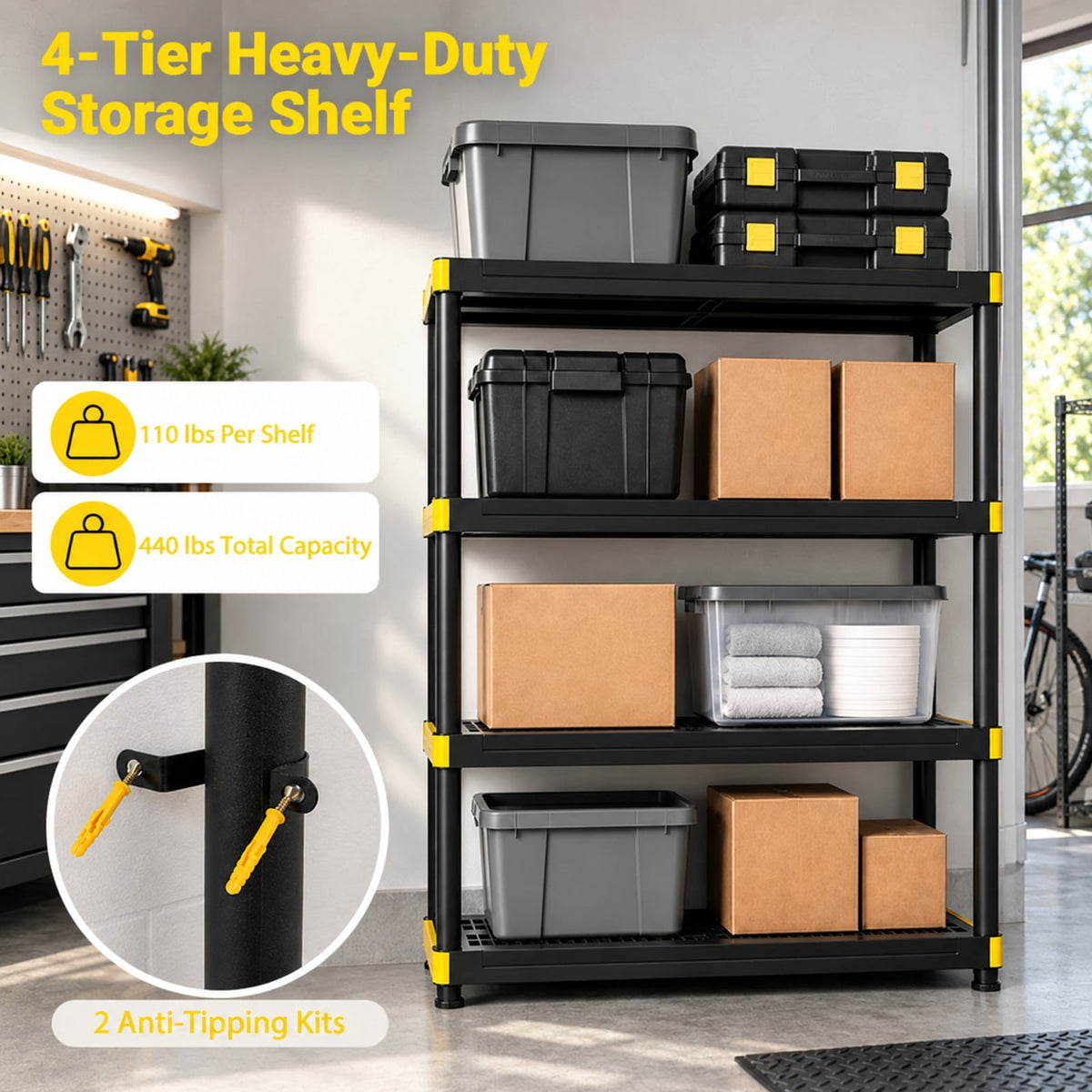 Airfind 4-Tier Plastic Storage Shelf Heavy-Duty Utility Rack Freestanding Storage Rack, PP Frame, 47.5in x 17.5in x 55.5in Footprint, Black