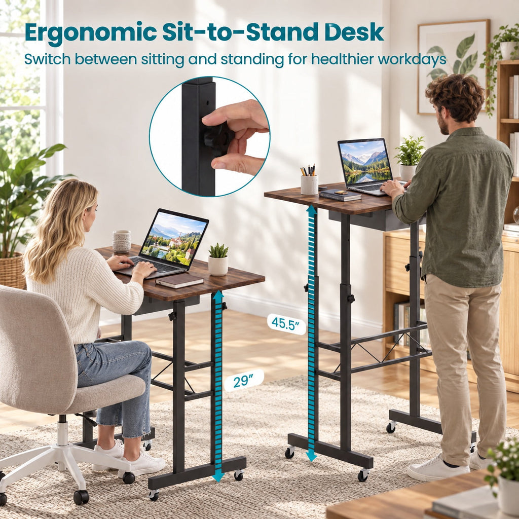 Airfind Height Adjustable Laptop Desk with Fabric Drawer Tablet Holder and Lockable Wheels, 45 lbs Capacity, 31.5 x 20 x 29-45.5 Footprint