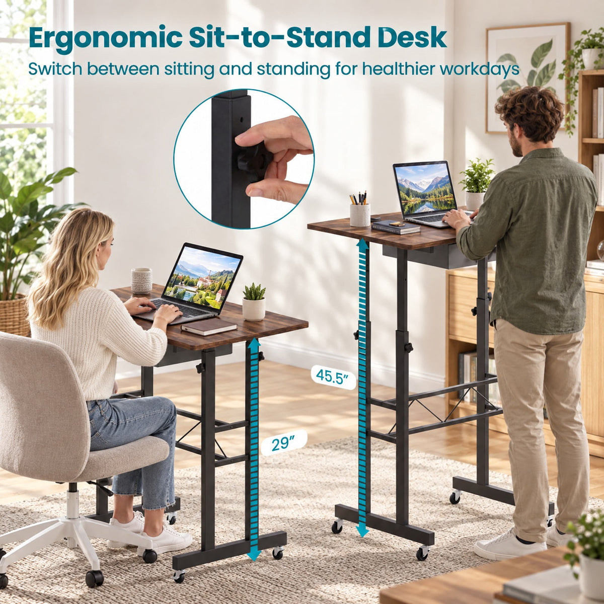 Airfind Height Adjustable Laptop Desk with Fabric Drawer Tablet Holder and Lockable Wheels, 45 lbs Capacity, 31.5 x 20 x 29-45.5 Footprint
