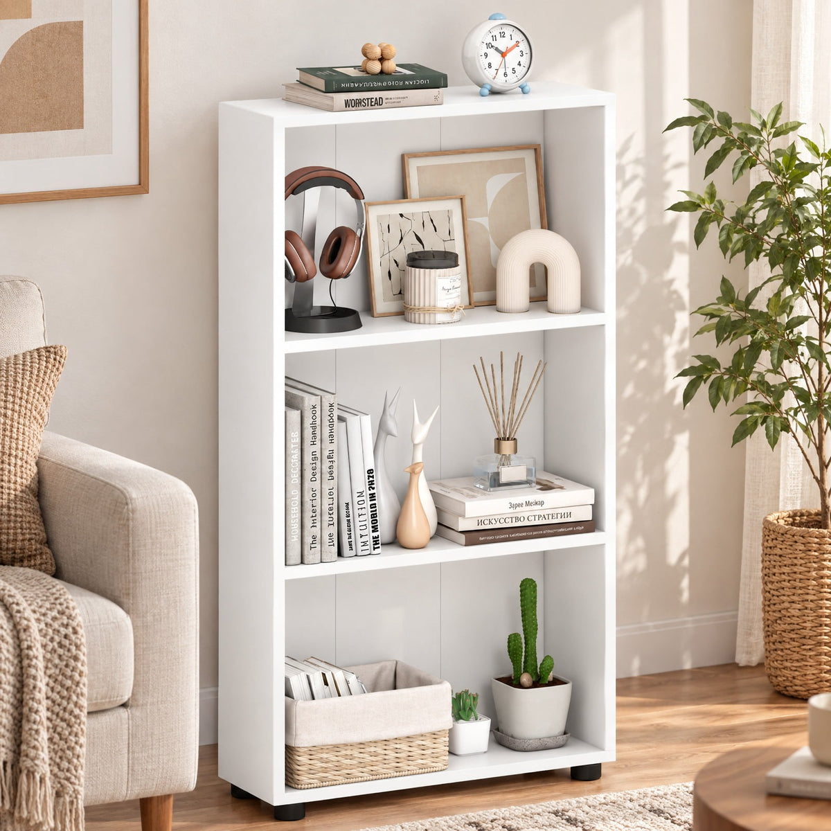 Airfind 3-Tier Bookcase 42 inch Tall Book Shelf with Anti-Tipping Kit, 22 lbs Capacity, Engineered Wood MDF Frame, 22 x 8 x 42 Footprint, White
