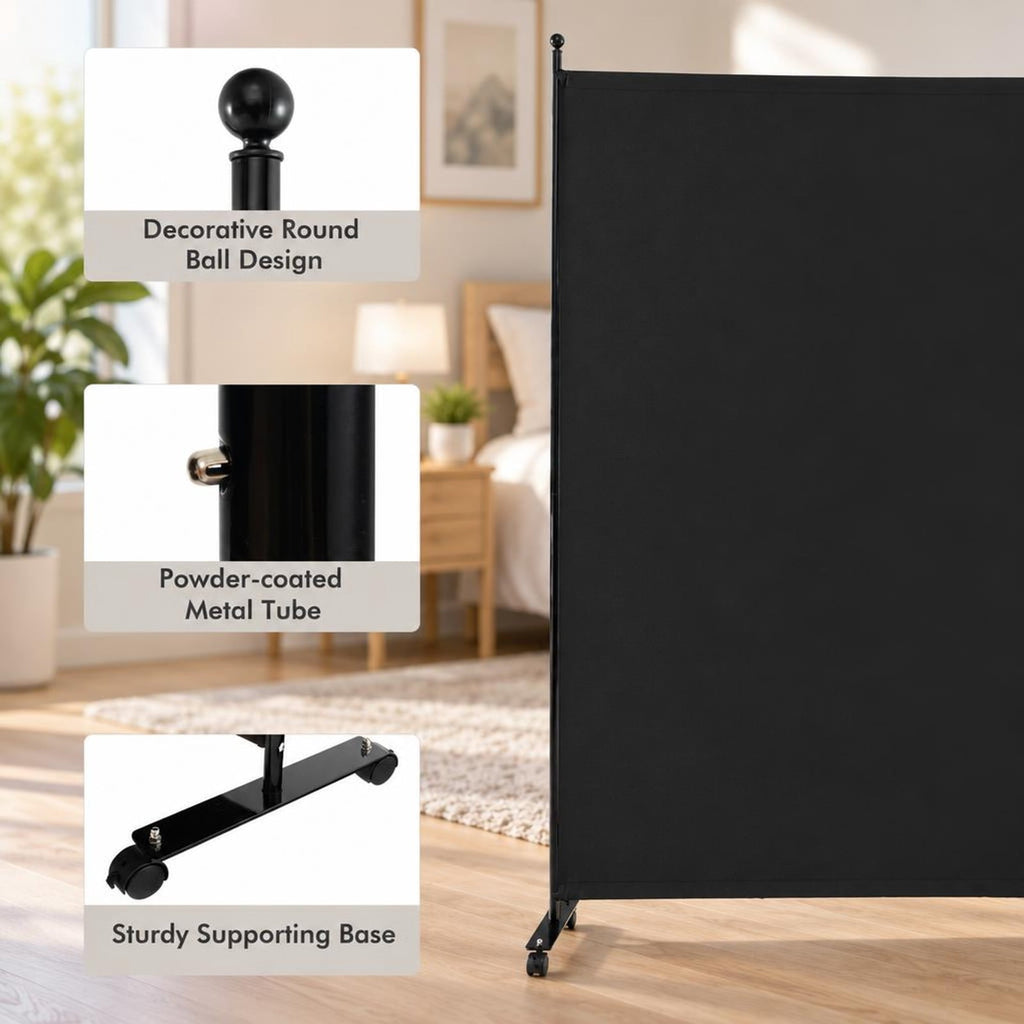 Airfind 6 Feet Single Panel Rolling Room Divider with Smooth Wheels, Metal polyester Frame, 73 x 12 x 73 Footprint, Black