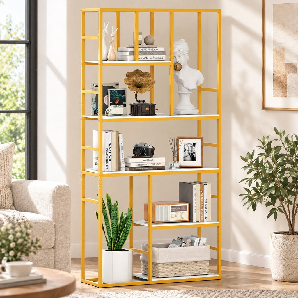 Airfind 71 Inch Tall Bookshelf Metal Frame 5-Tier Geometric Bookcase-White and Golden, 44 lbs Capacity, Metal Engineered Wood Frame, White