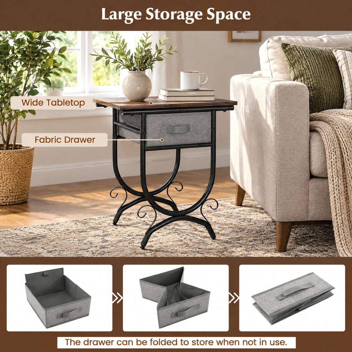 Airfind Side Table with Fabric Drawer and Carved Metal Frame for Living Room, 88 lbs Capacity, Engineered Wood Metal Fabric Frame, Black Gray