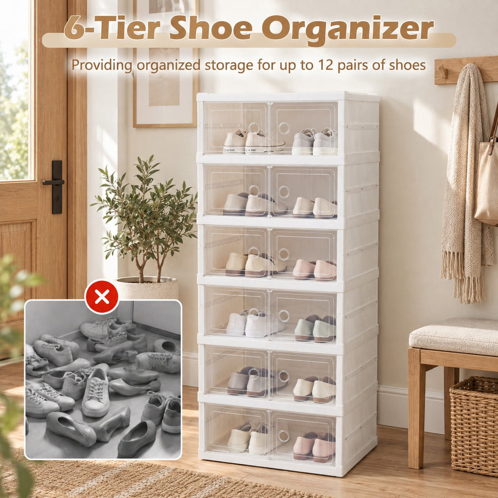 Airfind 6-Tier Shoe Organizer with Clear Doors and Portable Design for 12 Pairs, PP Frame, 17.5in x 13.5in x 42.5in Footprint, White