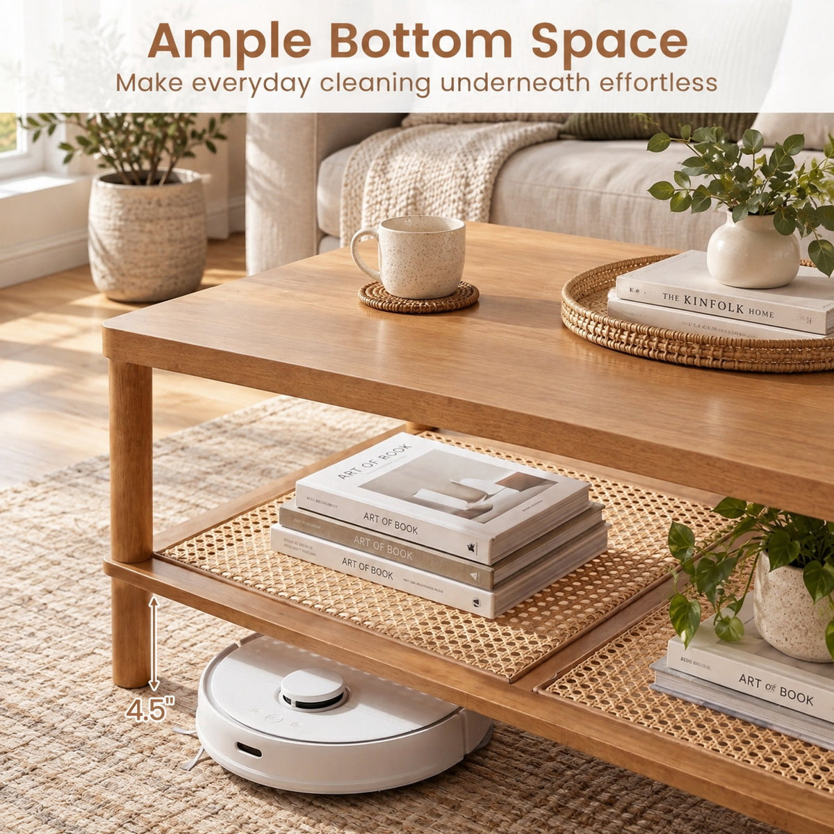 Airfind 2-Tier Boho Coffee Table for Living Room Rectangular Center Table with Rubber Wood Frame and PVC Rattan Storage Shelf, 185 lbs Capacity