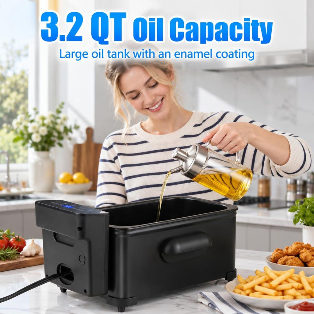 Airfind 3.2-Qt Electric Deep Fryer featuring 1700W LED Touch Screen and Enamel Oil Tank, Stainless Steel PP Enamel Frame, Black
