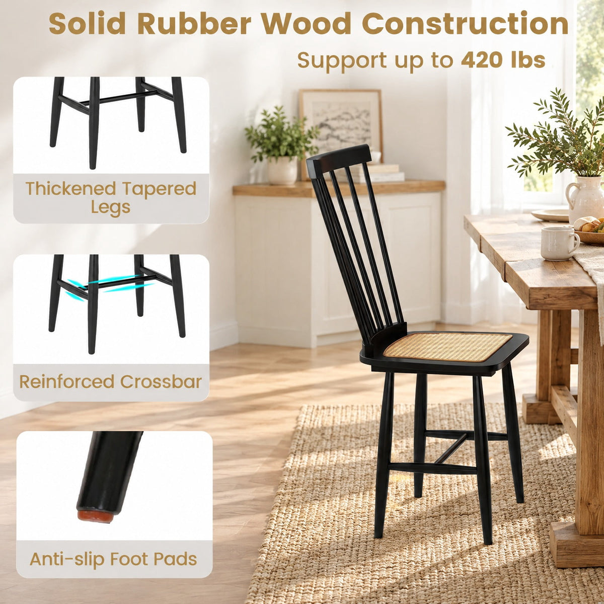 Airfind Farmhouse Solid Rubber Wood Dining Chairs Set of 2 with PE Rattan Seats, 420 lbs Capacity, Rubber Wood PE Rattan Frame, Black