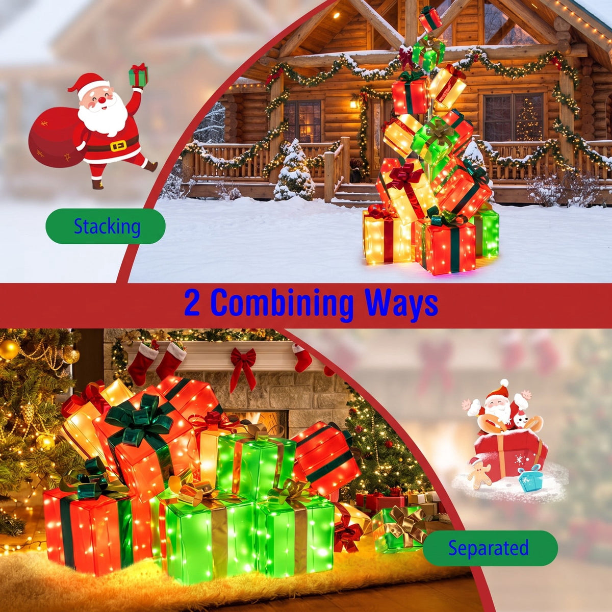 Airfind 15 PCS Lighted Christmas Boxes with Bowknot and 483 LED Light Bulbs for Indoor Outdoor, PVC Fabric Metal Frame, Red + Green + Gold