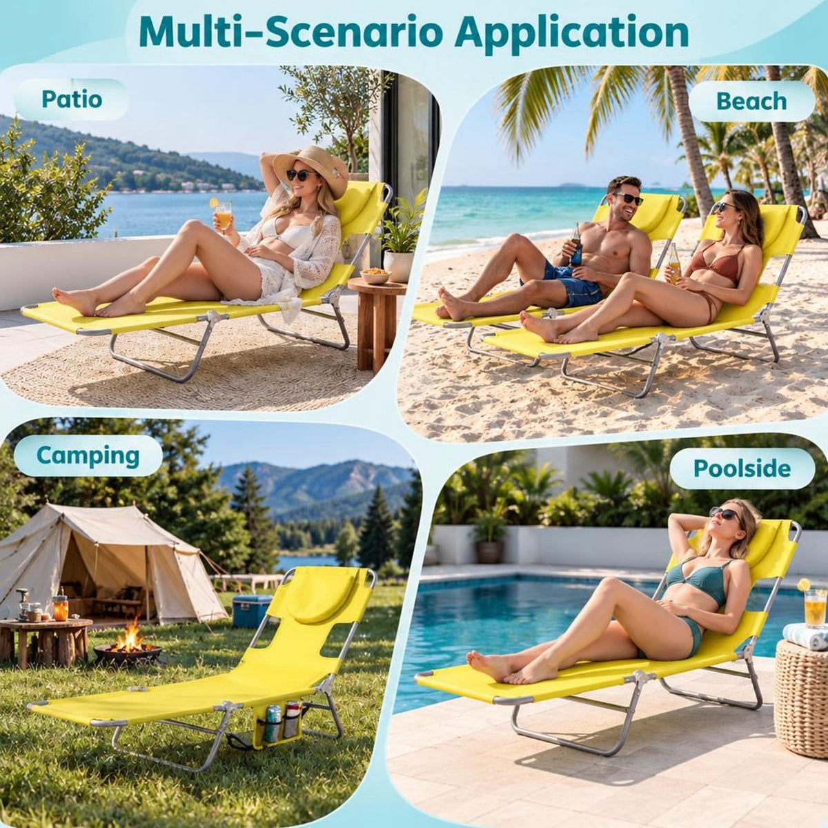 Airfind Folding Beach Lounge Chair with Adjustable Backrest for Lawn, 330 lbs Capacity, Metal Oxford Fabric Polyester Sponge Frame, Yellow