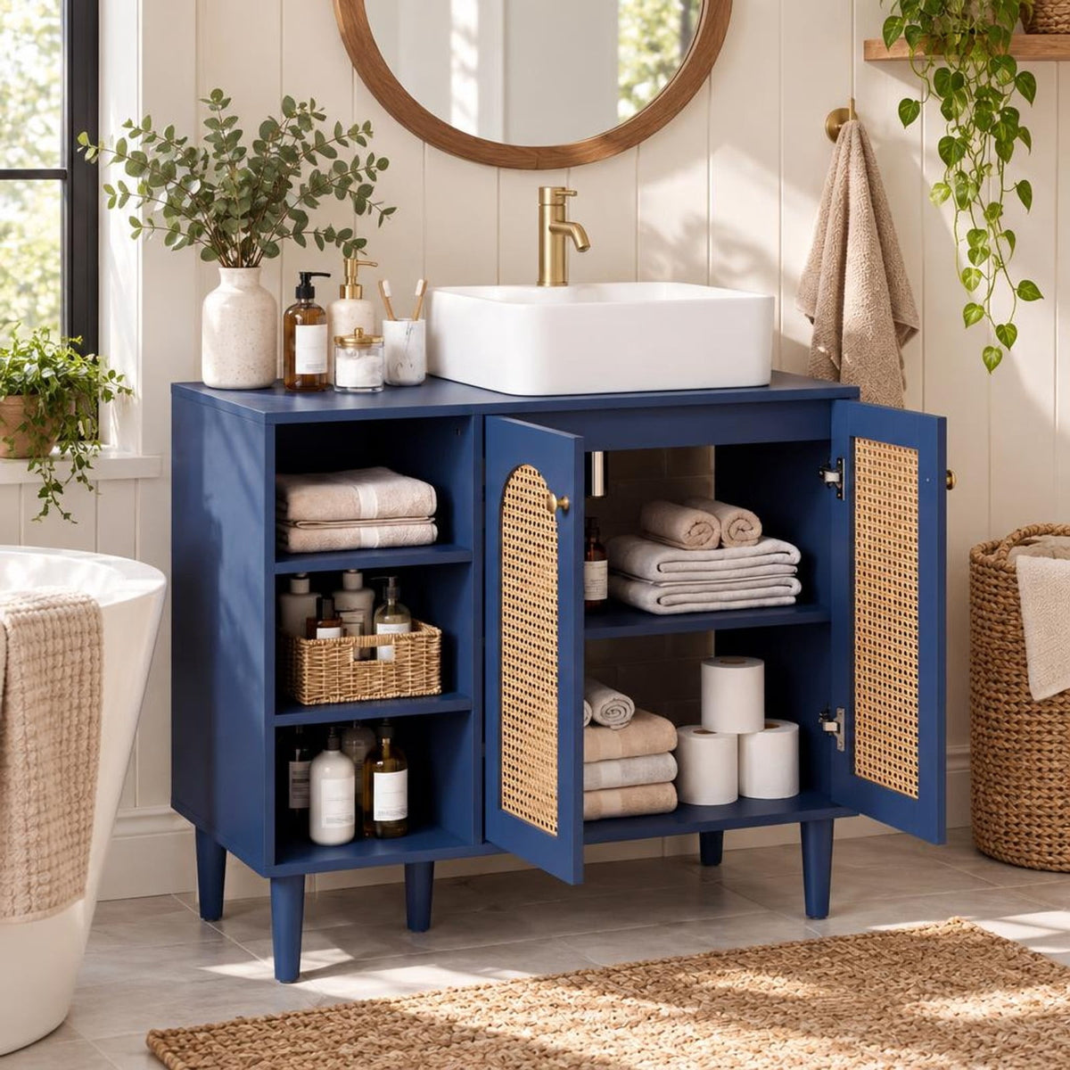 Airfind 36 Inch Under Sink Cabinet Boho for Vessel Sinks and Single-Handle Faucets, 265 lbs Capacity, MDF Rubber Wood PE Rattan Metal Frame, Navy