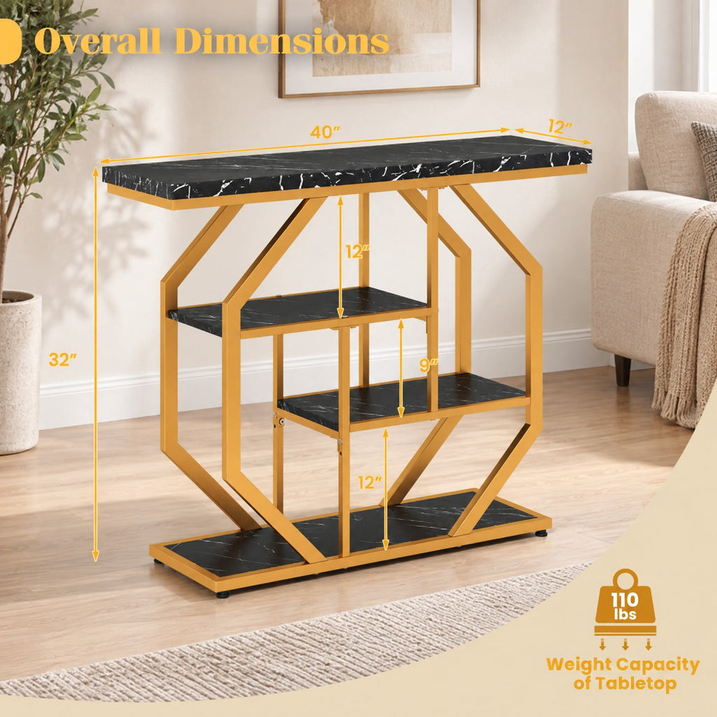 Airfind Modern Sofa Table Behind Couch 4-Tier Console Table with Faux Marble Tabletop, 110 lbs Capacity, MDF Metal Frame, Black