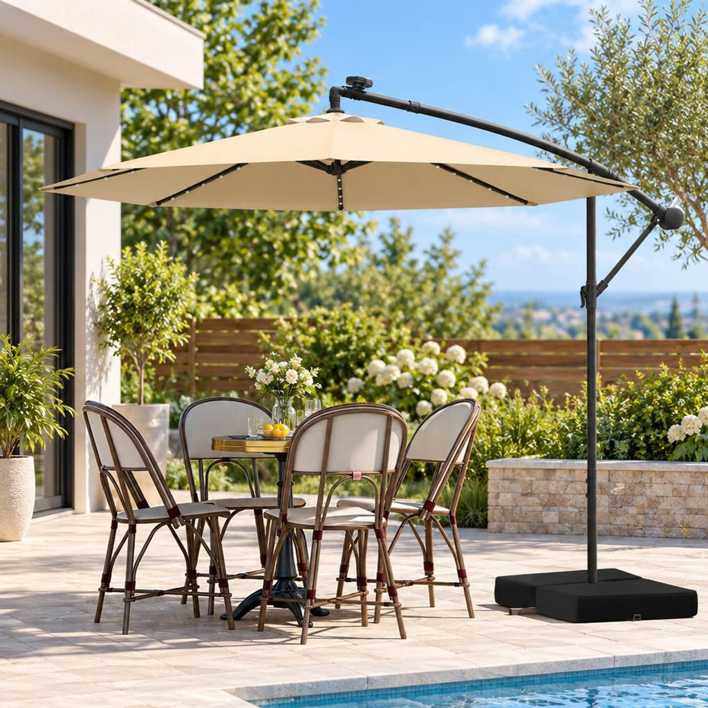 Airfind 10 Feet Cantilever Umbrella with 32 LED Lights and Solar Panel Batteries, Polyester Fabric Metal Oxford Fabric Frame, Beige