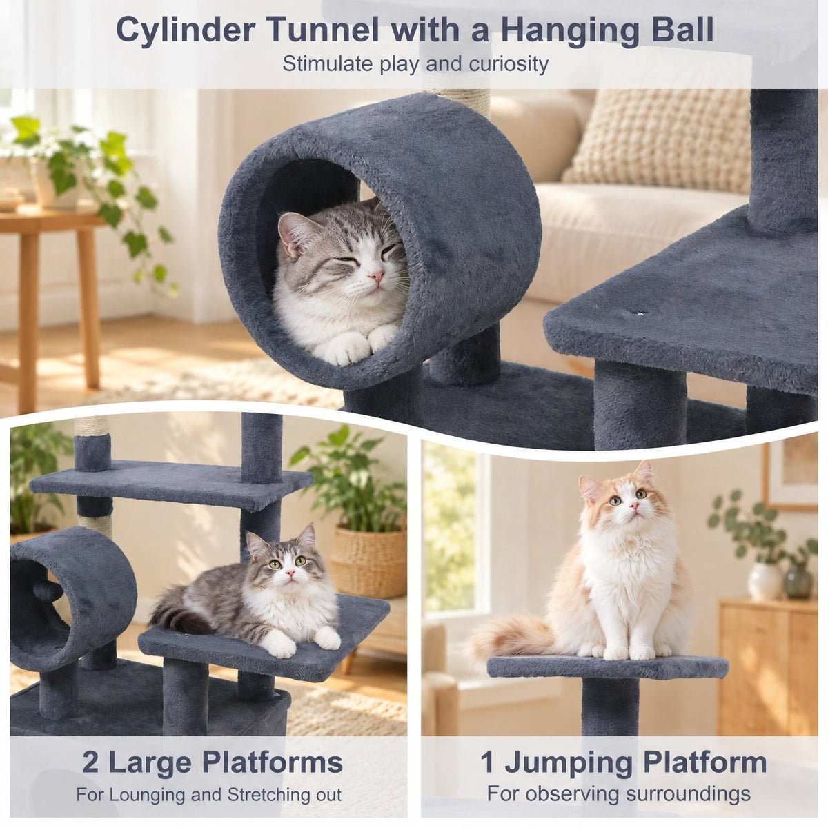 Airfind 48 Inches Tall Cat Tree Multi-Level Kitten Tower with Large Condo Padded Top Perch, Engineered Board Plush Sponge Jute Frame, Grey