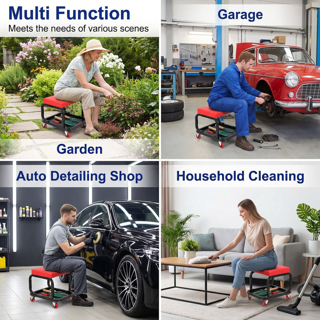 Airfind 330 LBS Capacity Garage Mechanic Stool Seat with Backrest 6 Universal Wheels and Tool Tray Storage, 330 lbs Capacity, Red
