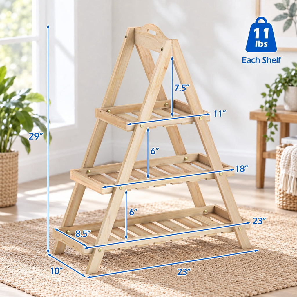 Airfind 3-Tier Plant Stand Flower Pot Display Shelf, Shelf 11 lbs Total Capacity, Fir Wood Frame, 23 x 10 x 28.5 Footprint, Natural