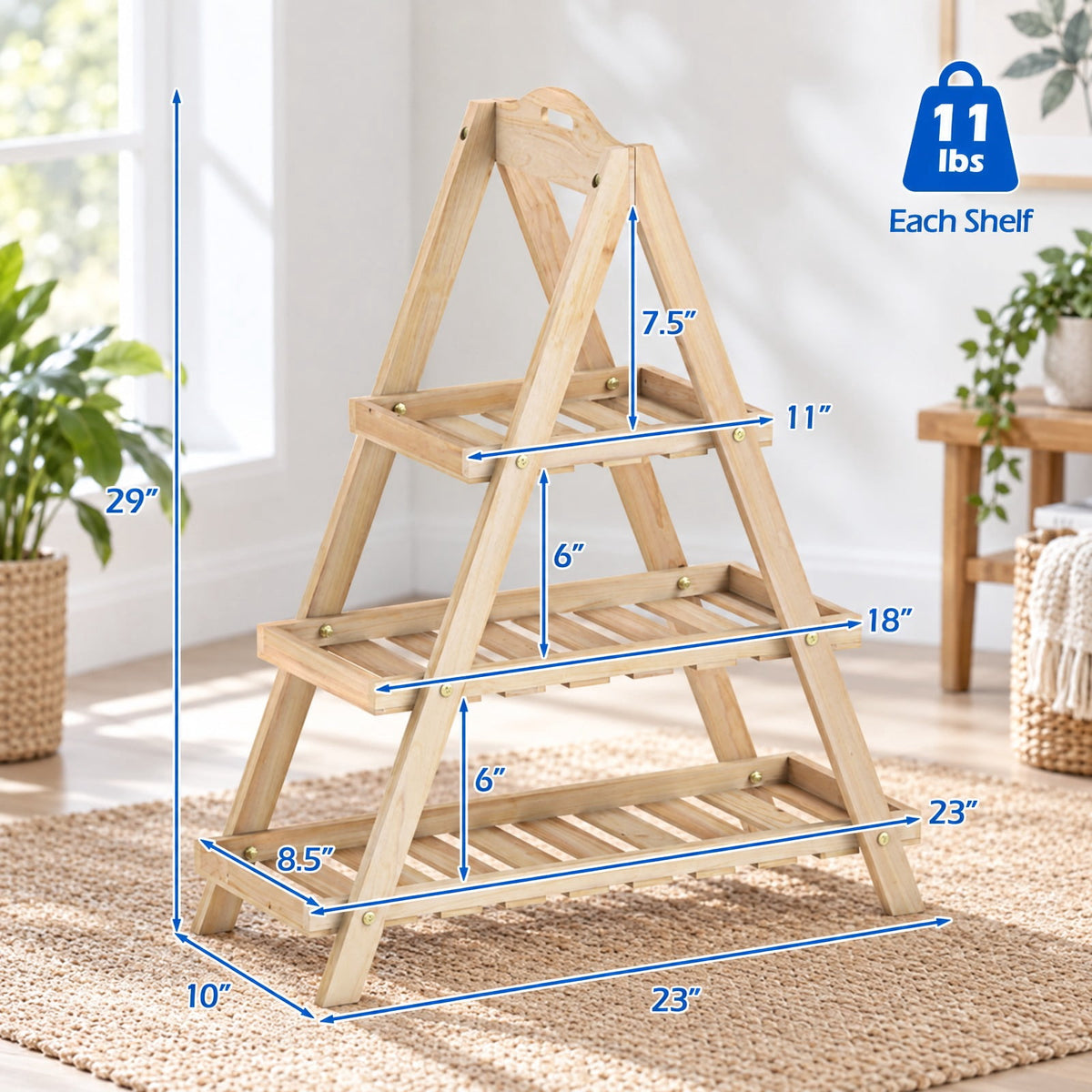 Airfind 3-Tier Plant Stand Flower Pot Display Shelf, Shelf 11 lbs Total Capacity, Fir Wood Frame, 23 x 10 x 28.5 Footprint, Natural