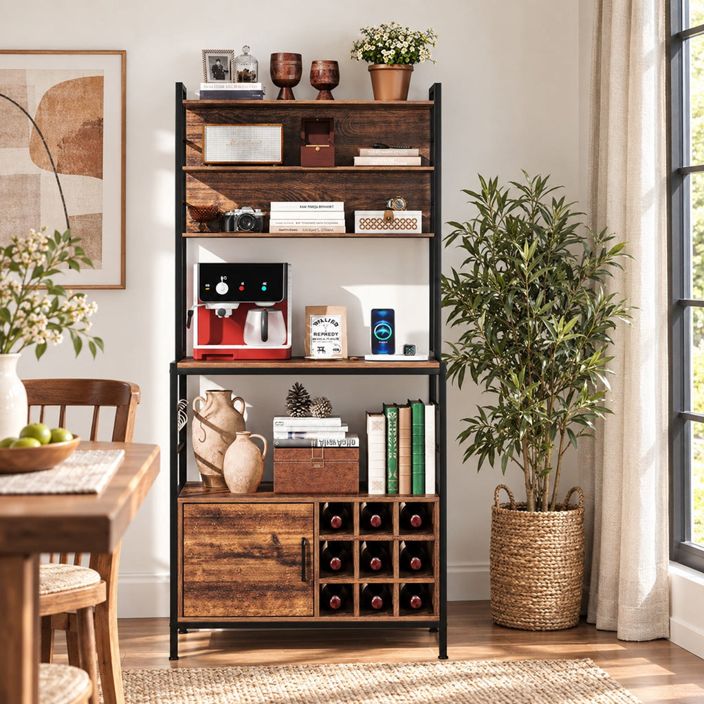 Airfind Coffee Bar Cabinet with S-Shaped Hooks and Wine Bottle Holders, Upper Shelf 44 lbs Capacity, Engineered Wood Metal Frame, Coffee